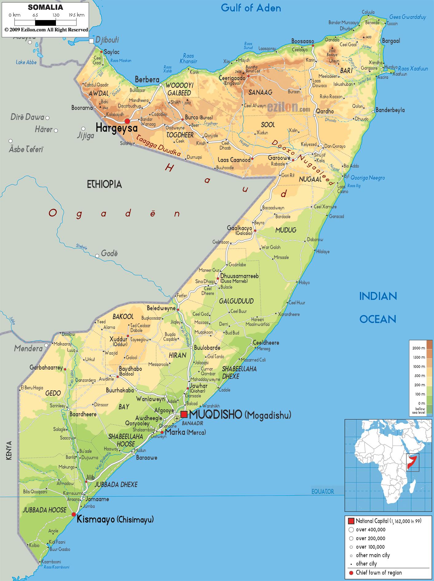 Physical Map Of Somalia- Ezilon Maps, Mogadishu, Somalia, Somalia ...