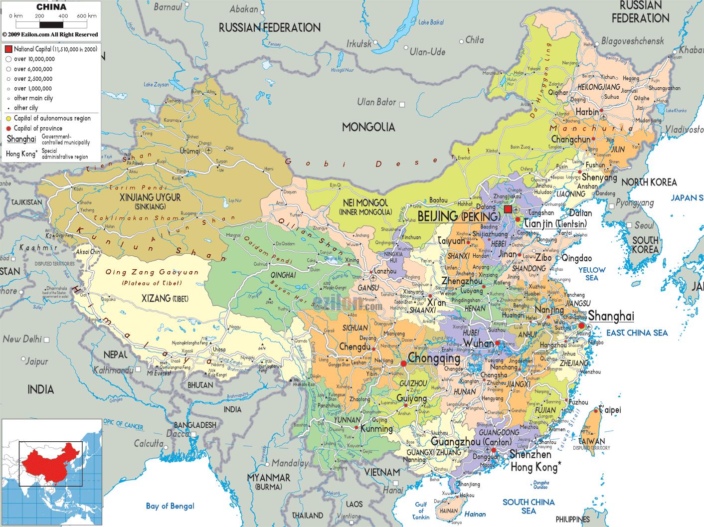 Detailed Political Map Of China - Ezilon Maps, Yangyuhe, China, Wenzhou ...