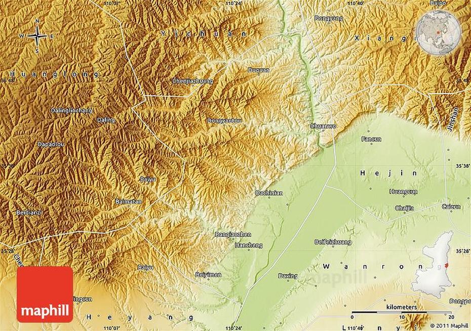 Physical Map Of Hancheng, Hancheng, China, Chengde Summer  Palace, Changzhou China