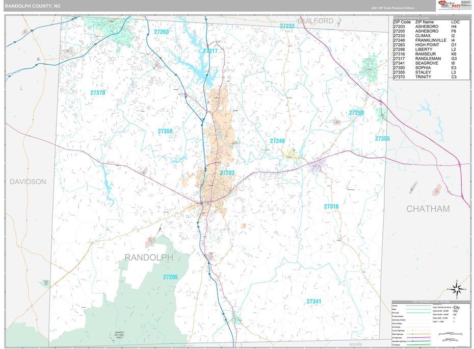 Randolph County, Nc Wall Map Premium Style By Marketmaps – Mapsales, Randolph, United States, United States  Color, United States  With City