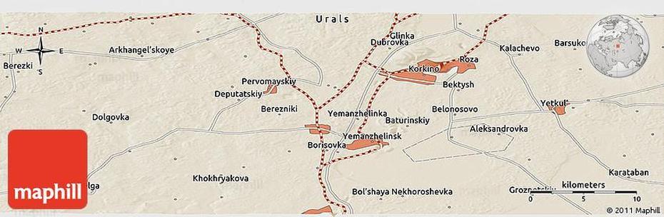 Shaded Relief Panoramic Map Of Korkino, Korkino, Russia, Chelyabinsk Russia, Largest Open  Pit Mine