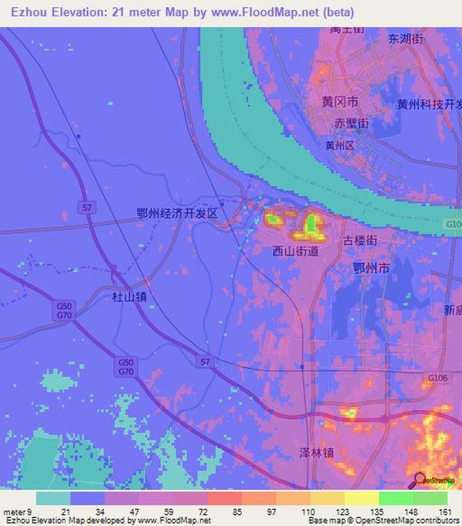 Elevation Of Ezhou,China Elevation Map, Topography, Contour, Ezhou, China, Huangshi China, Harbin China