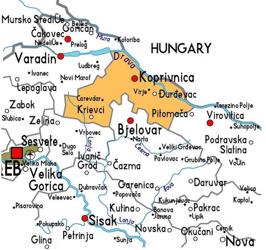 Map Of Koprivnica Province Area | Maps Of Croatia Region City Political …, Koprivnica, Croatia, Koprivnica Karta, Podravina