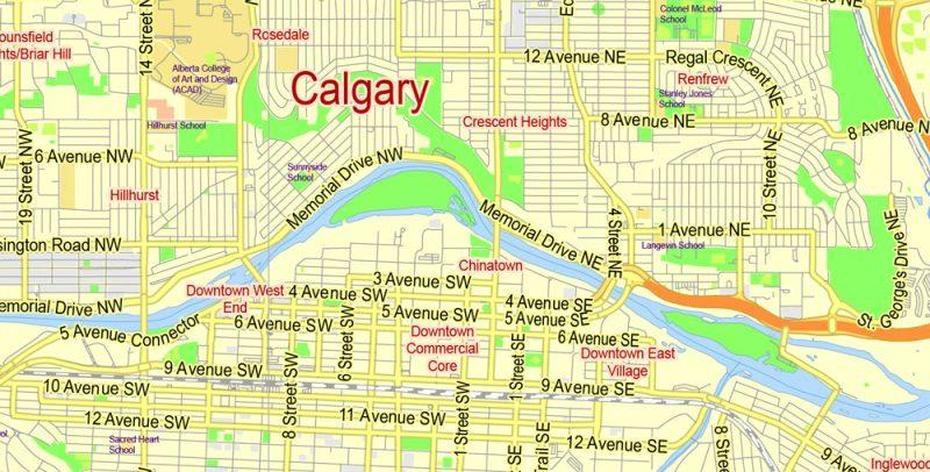 Printable Map Calgary, Canada, Exact City Plan Editable, Adobe Illustrator, Calgary, Canada, Hudson Alberta Canada, Canada Area