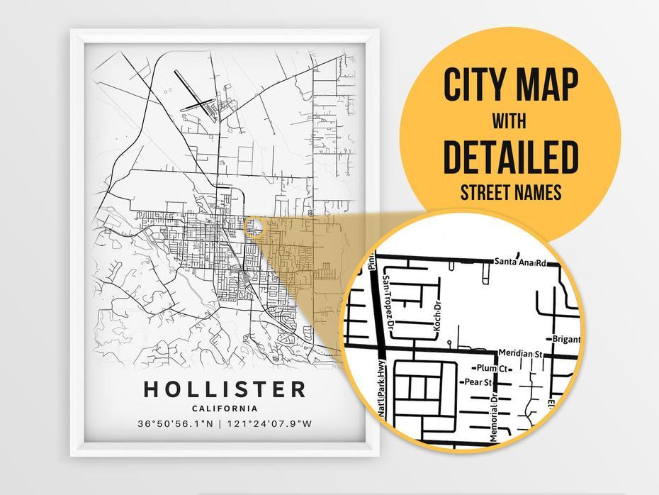 Printable Map Of Hollister Ca California United States With | Etsy, Hollister, United States, Hollister Hills, Hollister Ca