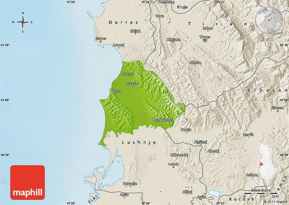 Physical Map Of Kavaje, Shaded Relief Outside, Kavajë, Albania, Drac Albania, Golem Albania