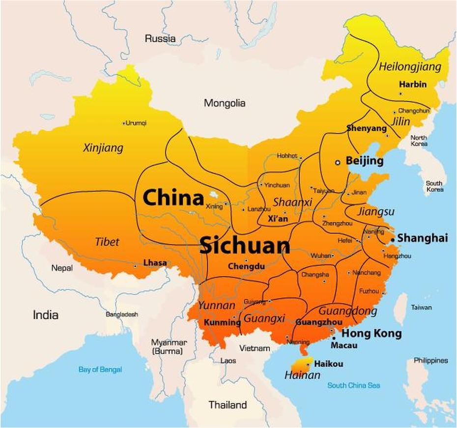Sichuan Map Showing Attractions & Accommodation, Xushan, China, China  By Province, China  With Flag