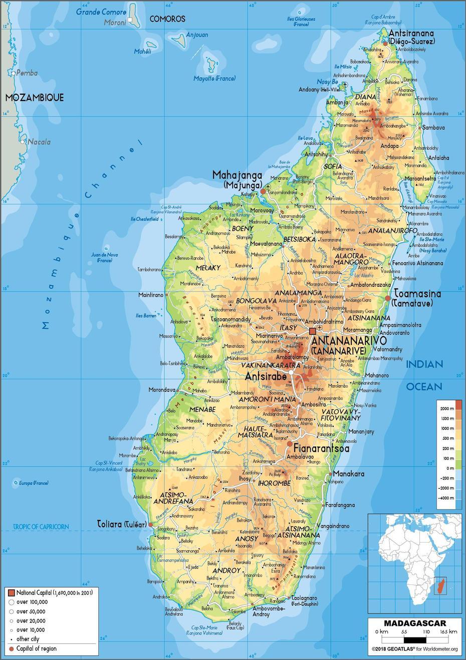 Large Size Physical Map Of Madagascar – Worldometer, Ambatomainty, Madagascar, Madagascar Mountains, Madagascar Rainforest