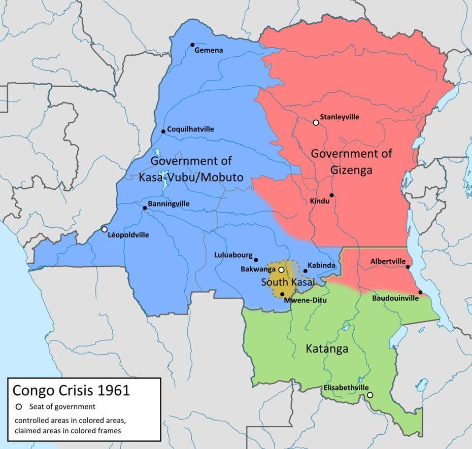 Map Of The Congo Crisis 1961 [1076 X 1024] : Mapporn, Kampene, Congo (Kinshasa), Republic Of Congo Cities, Carte Du Congo Kinshasa