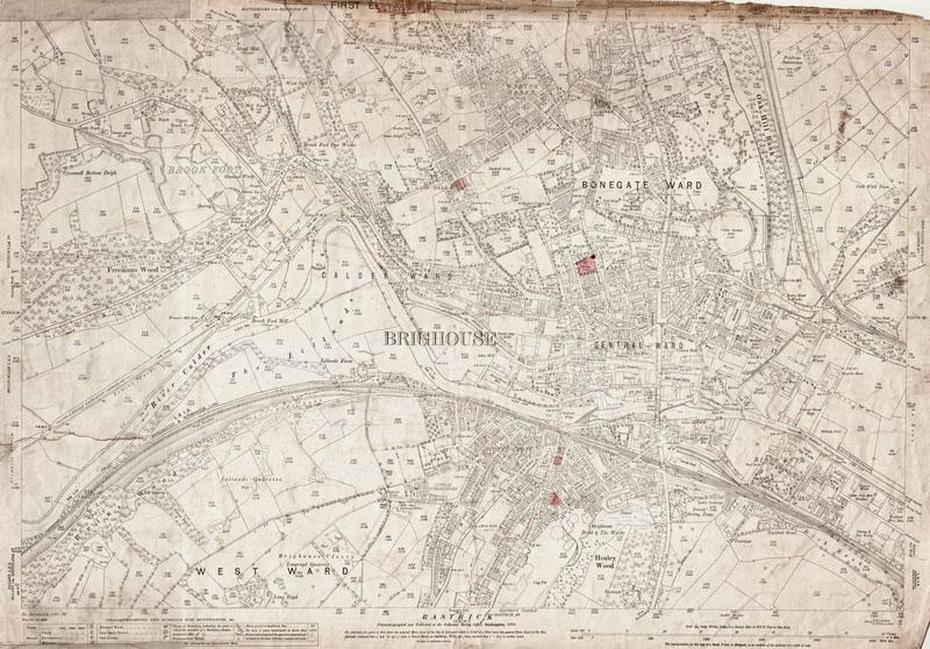 Old Map Of Brighouse, Yorkshire, In 1893, Brighouse, United Kingdom, Brighouse, United Kingdom