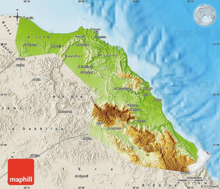 Physical Map Of Muscat, Shaded Relief Outside, Muscat, Oman, Gulf Of Oman On, Oman  Detailed
