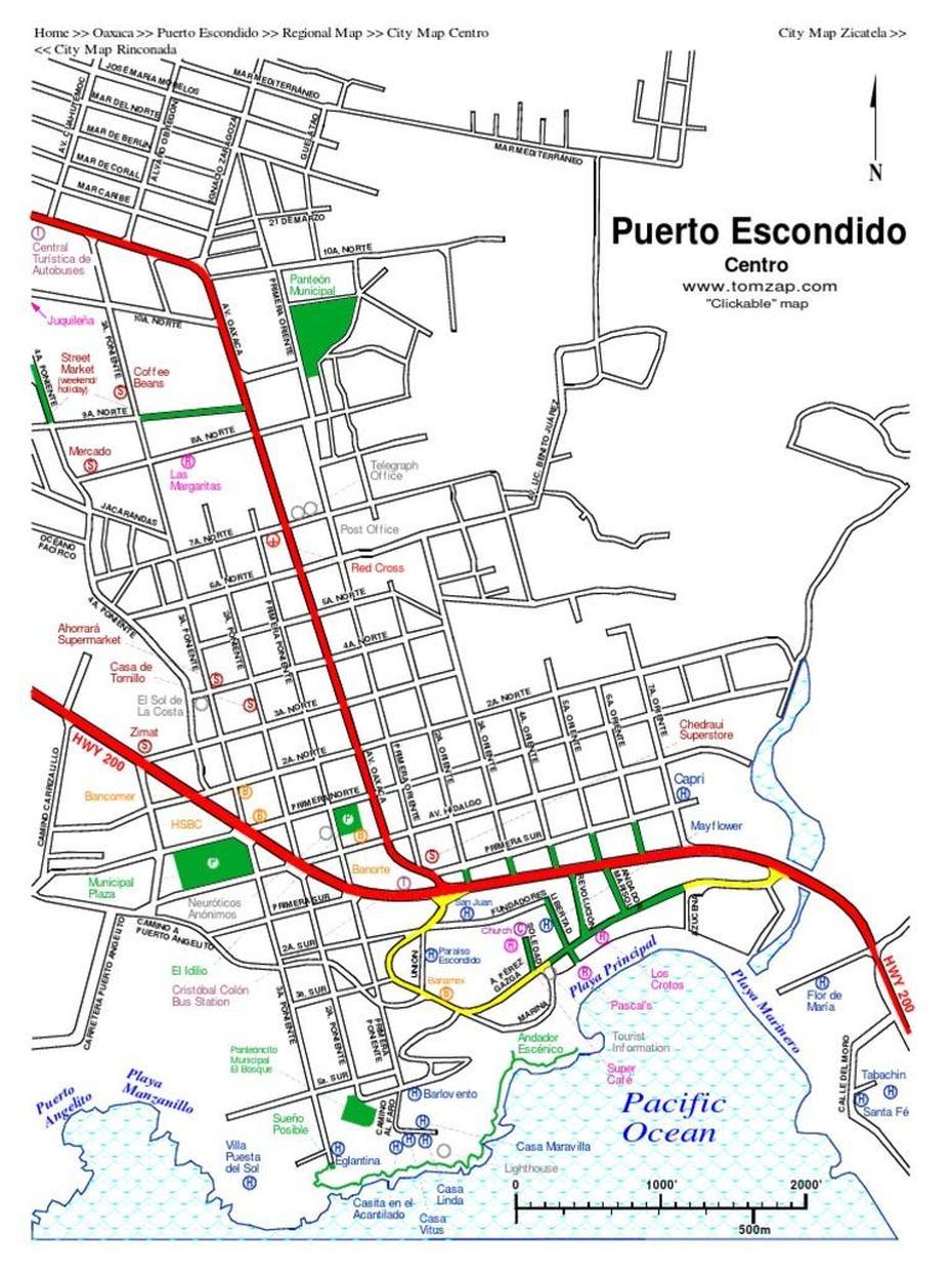 Mapa Puerto Escondido Centro, Puerto Escondido, Colombia, Puerto Escondido Surf, Oaxaca City To Puerto Escondido