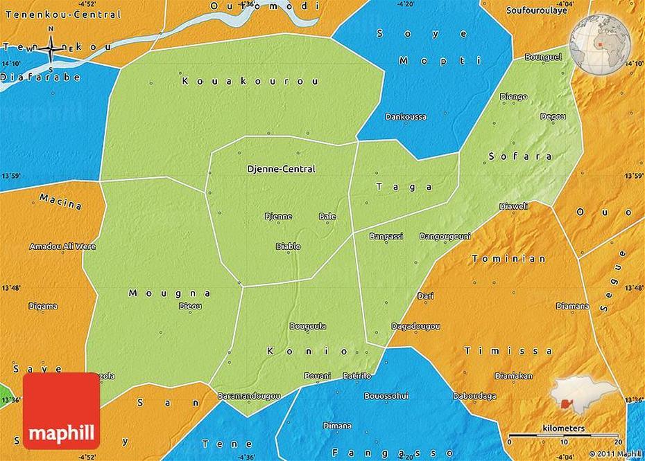 Physical Map Of Djenne, Political Outside, Djenné, Mali, Djenne Dj  Enno, Great Mosque Djenne Mali