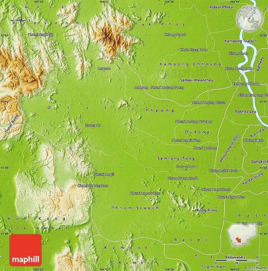 Physical Map Of Kampong Speu, Kampong Speu, Cambodia, Cambodia Provinces, Kampong Speu