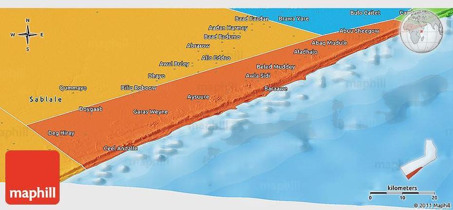 Political Panoramic Map Of Baraawe, Baraawe, Somalia, Nomads Somalia, Muufo Somali