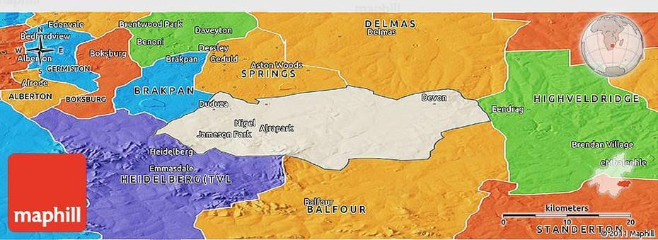 Shaded Relief Panoramic Map Of Nigel, Political Outside, Nigel, South Africa, Signs In South Africa, South Africa World