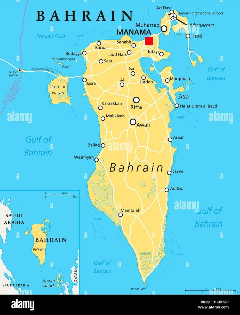 Bahrain Political Map With Capital Manama. Island Country Stock Photo …, Manama, Bahrain, Bahrain Island, Bahrain Country