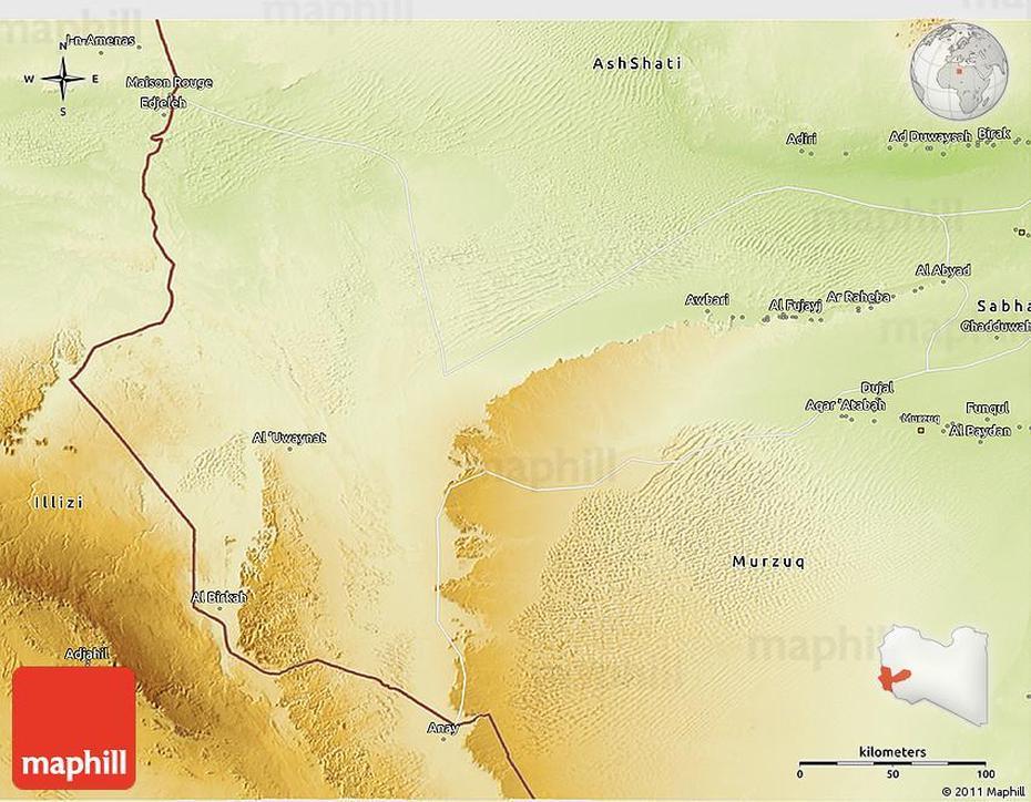 Physical 3D Map Of Awbari (Ubari), Awbārī, Libya, Libya Sand Dunes, Libya Scenery