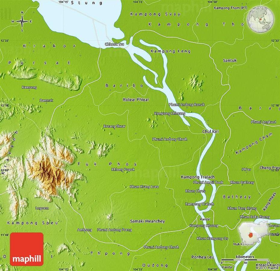 Physical Map Of Kampong Chhnang, Kampong Chhnang, Cambodia, Kampong Thom Cambodia, Kompong  Cham