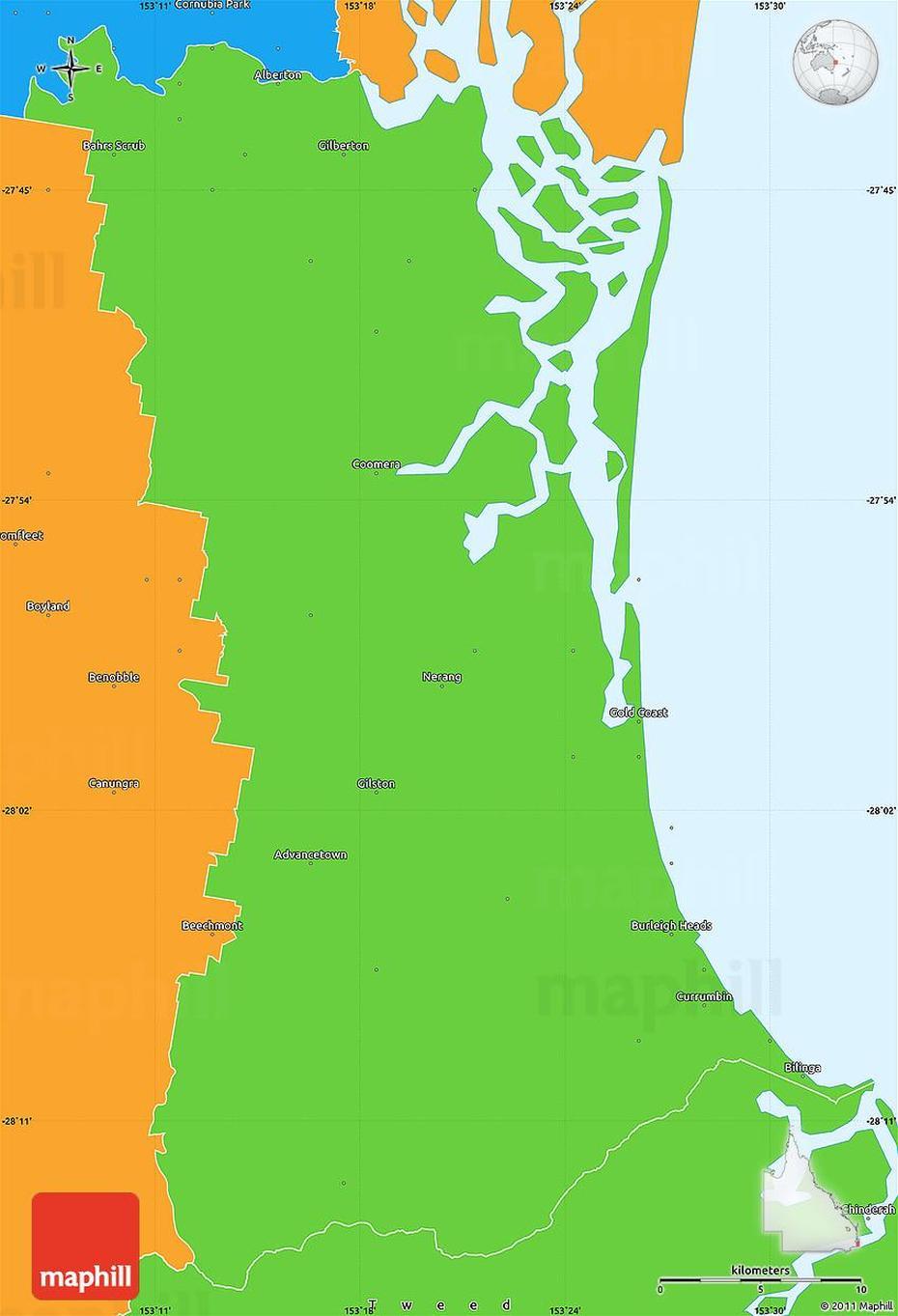 Political Simple Map Of Gold Coast, Gold Coast, Australia, Gold Coast Qld, Byron Bay Australia