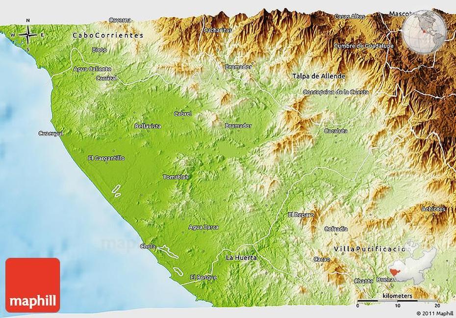 Physical 3D Map Of Tomatlan, Tomatlán, Mexico, Bucerias Mexico, Jalisco State Mexico