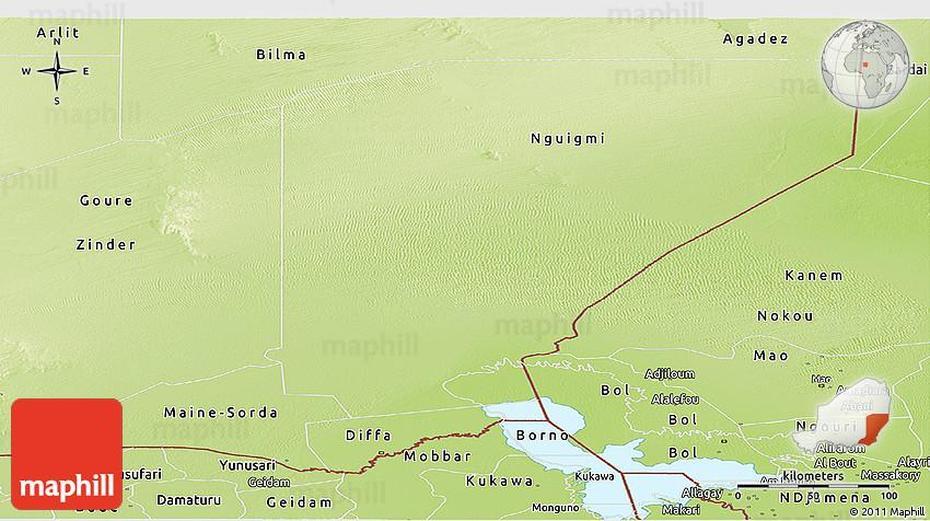 Physical Panoramic Map Of Diffa, Diffa, Niger, Niger Capital, Niger And Nigeria