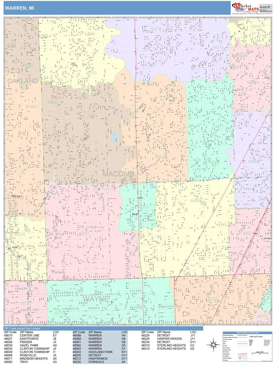 Warren Michigan Wall Map (Color Cast Style) By Marketmaps, Warren, United States, United States  With Major Cities, United States  Names
