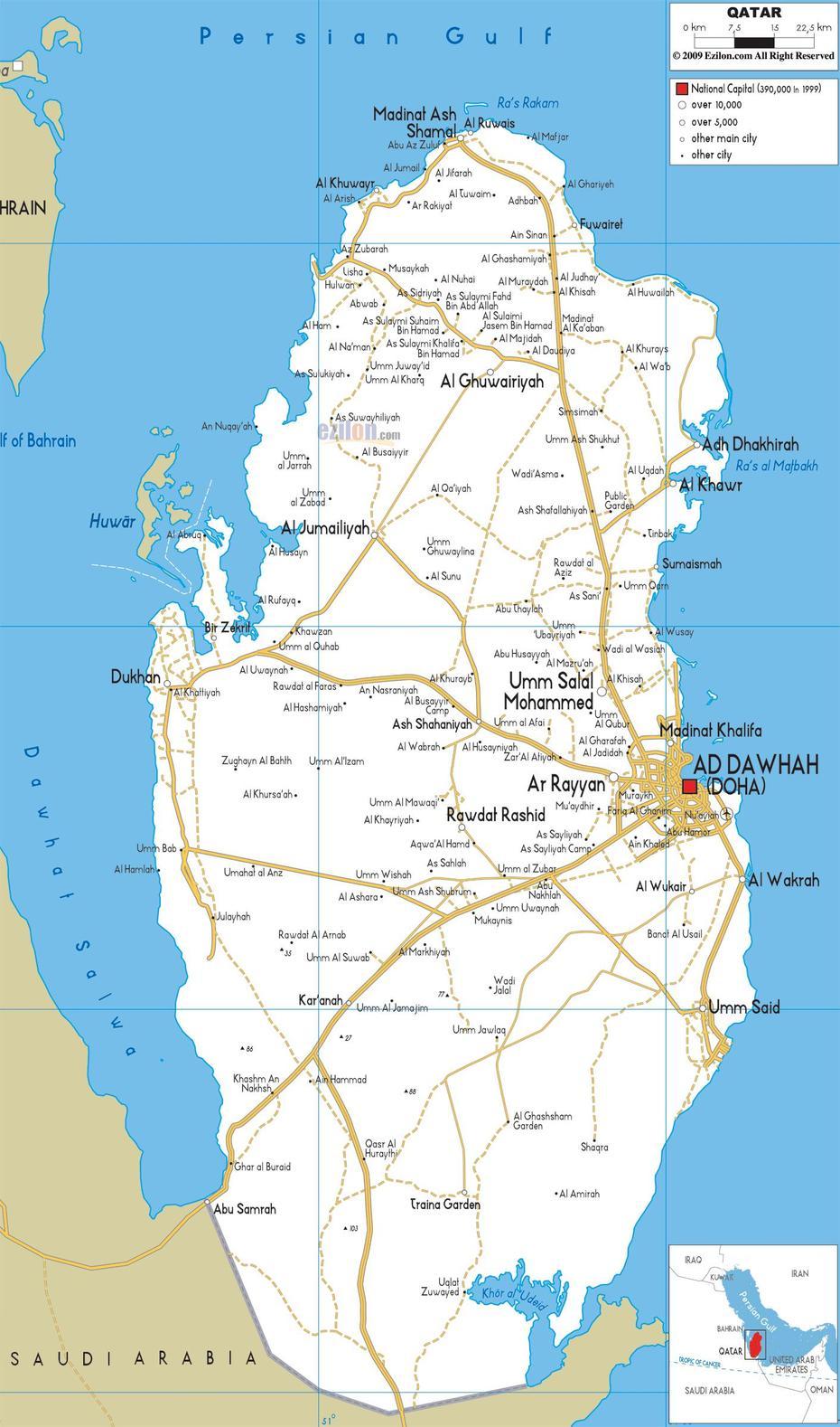 Detailed Clear Large Road Map Of Qatar – Ezilon Maps, Nu‘Ayjah, Qatar, Northeastern University Campus, Vietnam Road