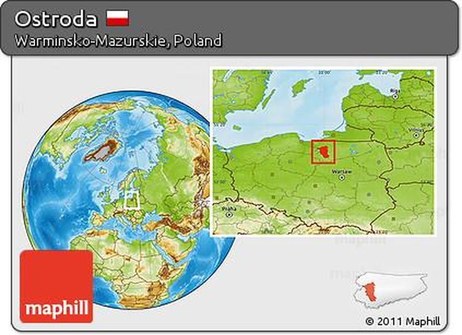 Free Physical Location Map Of Ostroda, Ostróda, Poland, Mazury  Polska, Osterode East  Prussia