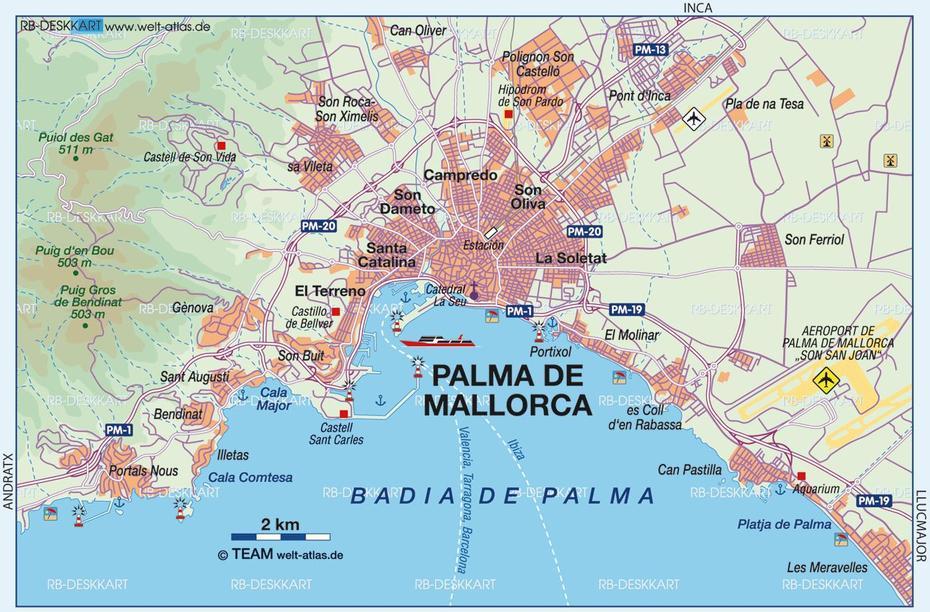 Map Of Palma De Mallorca, Overview (Region In Spain) | Welt-Atlas.De, Palma, Spain, La Palma, Palma Nova Spain