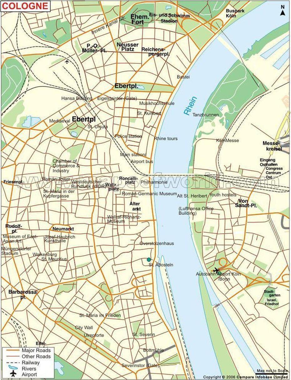 Map Showing Roads, Railways, Rivers, Tourist Places Of Cologne City In …, Cologne, Germany, Germany  In English, Old Germany