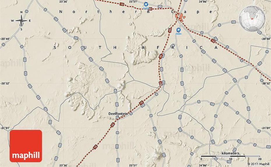 Shaded Relief Map Of De Aar, De Aar, South Africa, Solar Power South Africa, Hanover South Africa