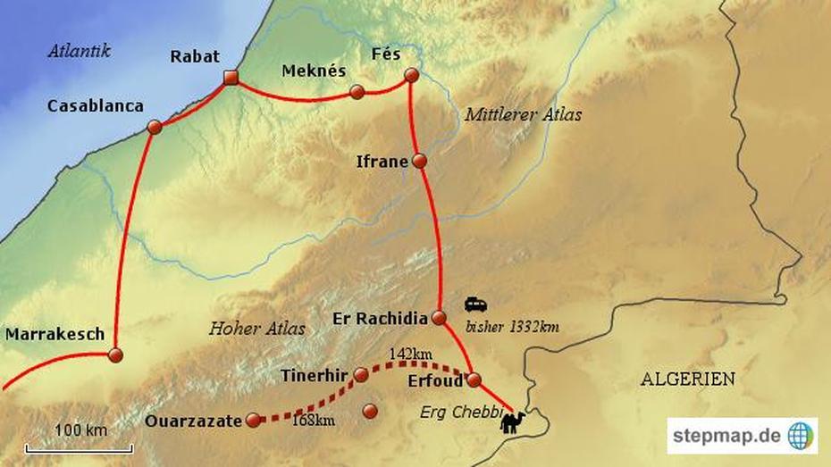 Stepmap – Erfoud – Ouarzazate – Landkarte Fur Marokko, Arfoud, Morocco, Ouarzazate Morocco, Todra Gorge Morocco