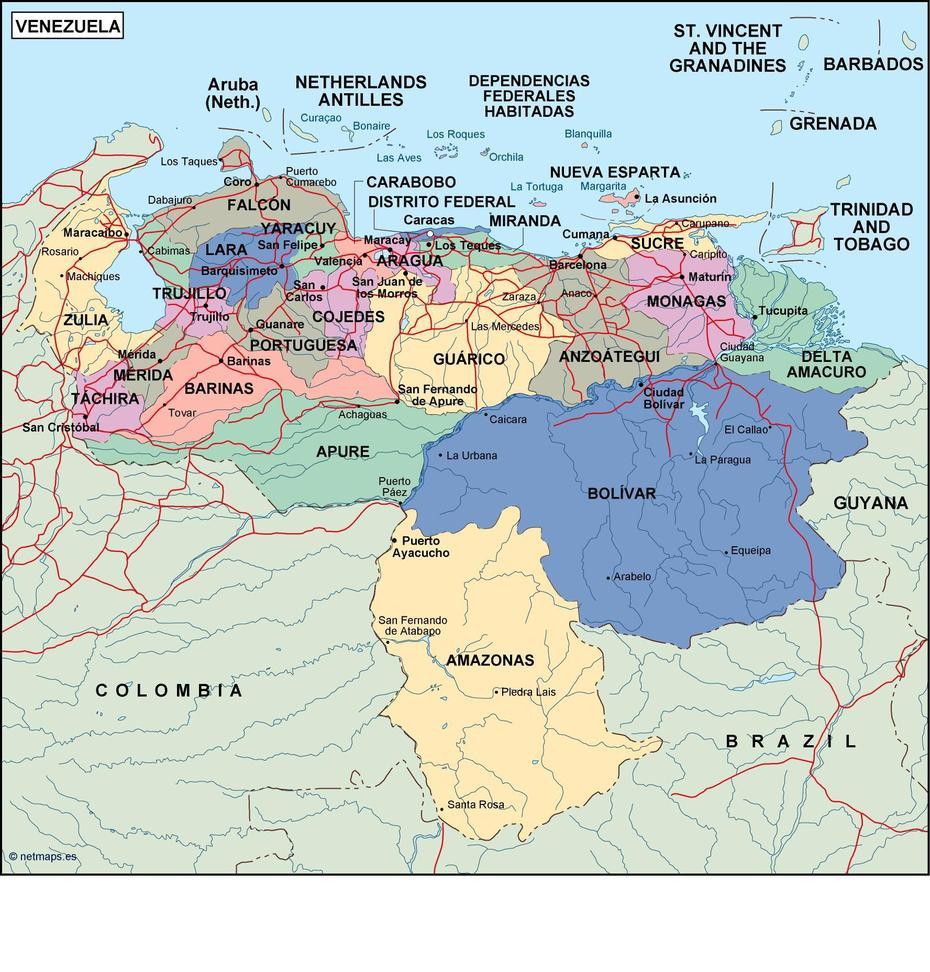 Venezuela Political Map. Eps Illustrator Map | Vector World Maps, Caucagua, Venezuela, Rio Cauca  Colombia, Guascas  Colombia