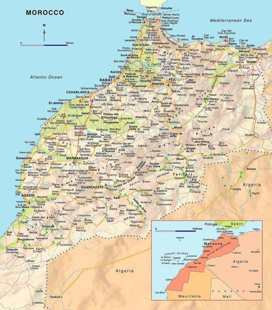 Large Detailed Road Map Of Morocco With Airports. Morocco Large …, Douar Laouamra, Morocco, Spain Morocco, Meknes Morocco