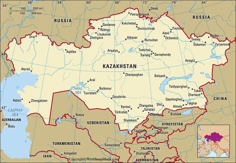 Labeled Map Of Kazakhstan | World Map Blank And Printable, Sortöbe, Kazakhstan, Almaty Kazakhstan, Kazakhstan World