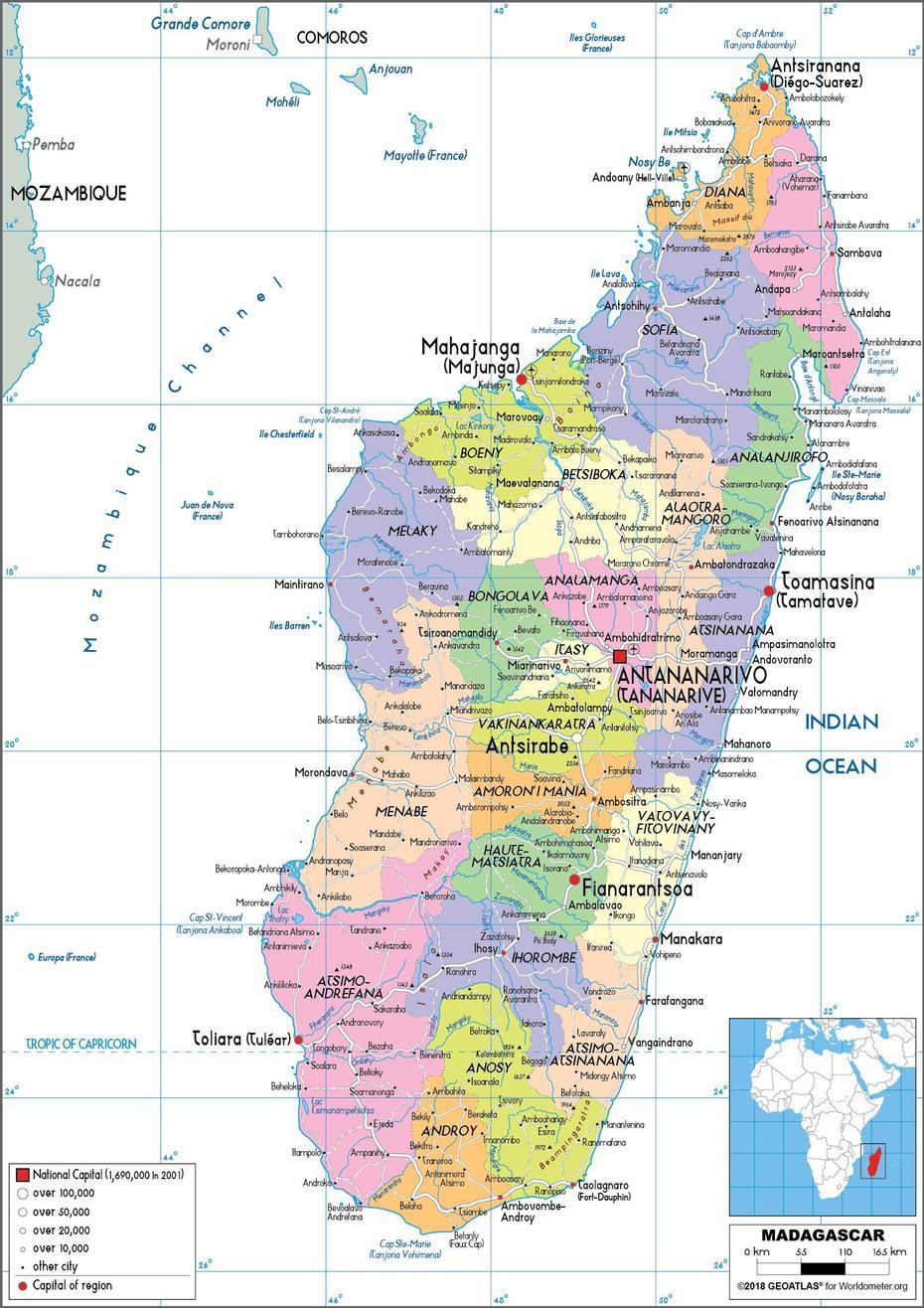 Large Size Political Map Of Madagascar – Worldometer, Fenoarivobe, Madagascar, Madagascar Towns, Madagascar River