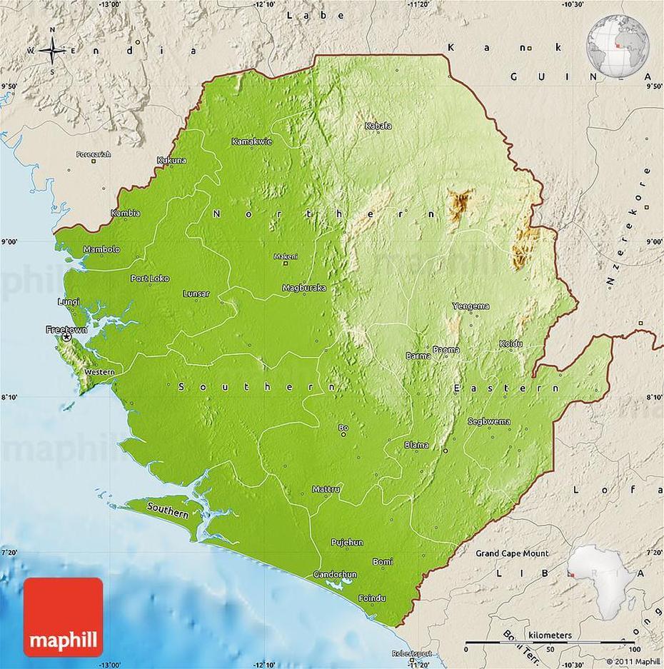 Physical Map Of Sierra Leone, Shaded Relief Outside, Newton, Sierra Leone, Of Sierra Leone Showing Districts, Republic Of Sierra Leone