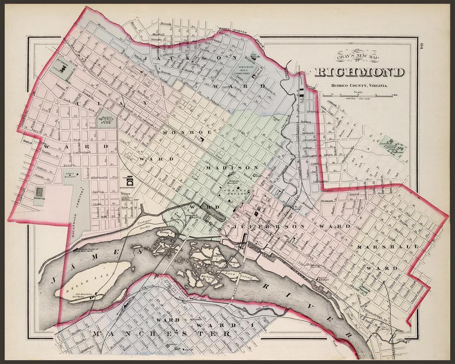 Richmond Map From 1876 Showing The Different Wards : Rva, Richmond West, United States, Northwest United States, West Coast  Usa States