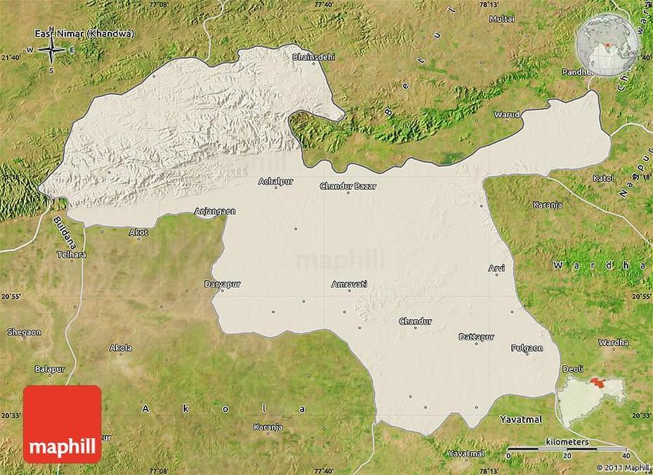 Shaded Relief Map Of Amravati, Satellite Outside, Amrāvati, India, Amravati  District, Amravati  City