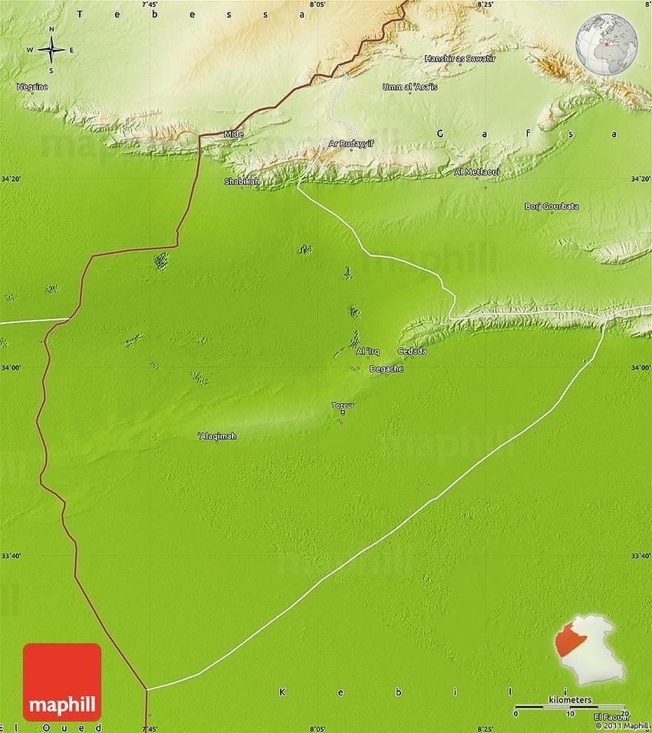 Physical Map Of Tozeur, Tozeur, Tunisia, Tunisia Mountains, Tunisia Hotels