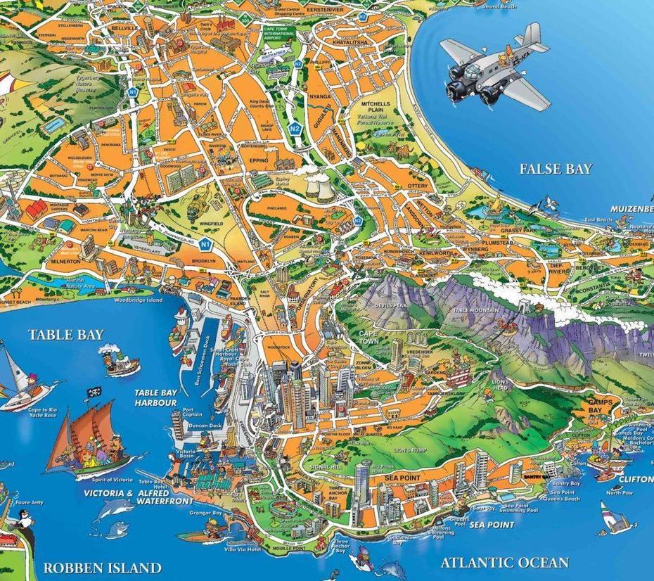 Cape Town Map: A Closer Look At The Famous And Beautiful City, Cape Town, South Africa, Cape Town On  Of Africa, Cape Town On The