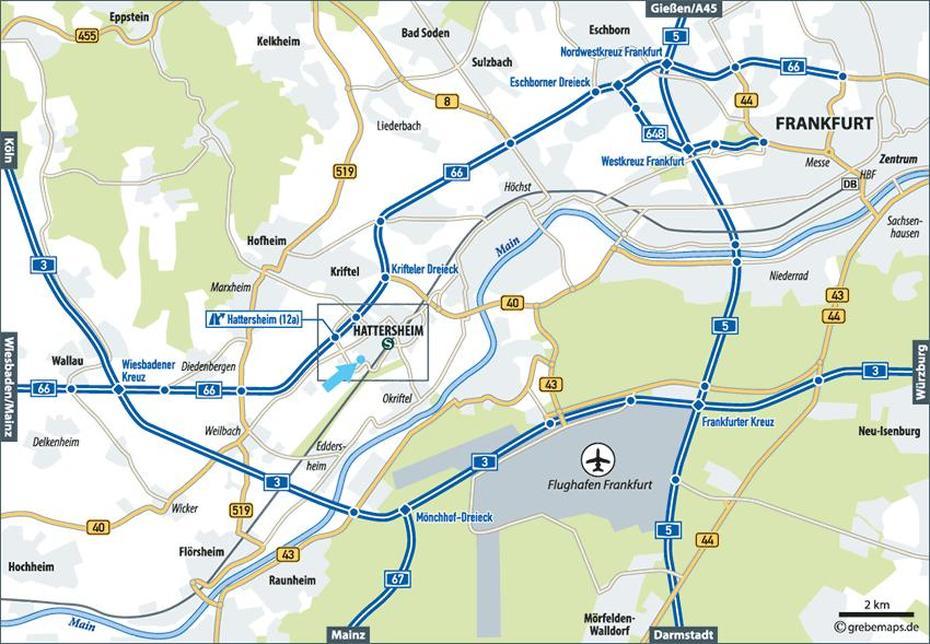 Hattersheim (Ubersicht) – Grebemaps Kartographie, Hattersheim, Germany, Wasserwerk Hattersheim, Hbs Hattersheim