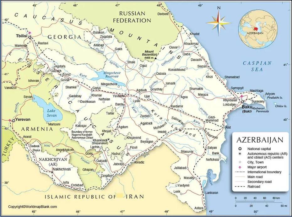 Labeled Map Of Azerbaijan With States, Capital & Cities, Binəqədi, Azerbaijan, South Azerbaijan, Azerbaijan Geography