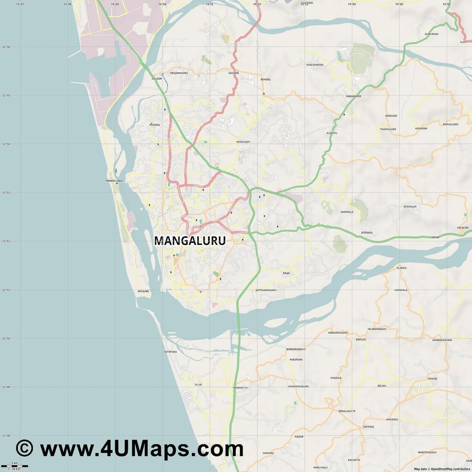 Pdf, Svg Scalable City Map Vector Mangalore, Mangalore, India, Mysore India, Mangalore City