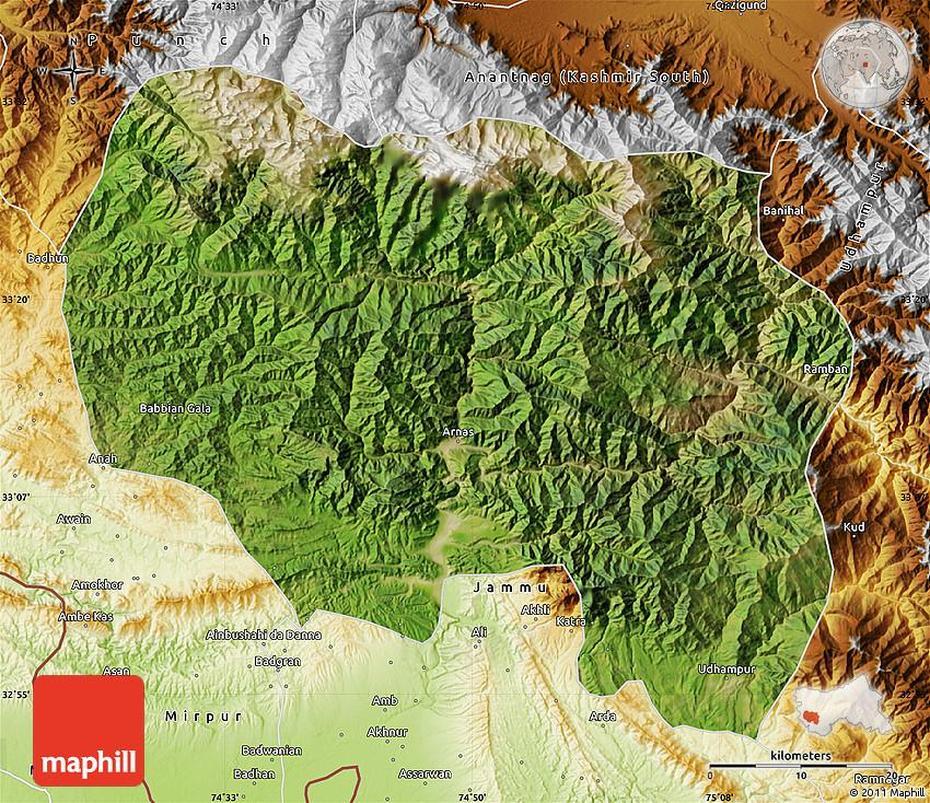 Satellite Map Of Rajauri, Physical Outside, Rajaori, India, Raja  Garden, Reasi District