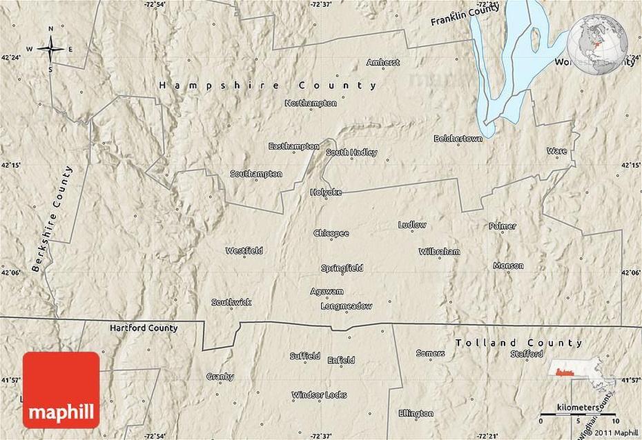 Shaded Relief Map Of Hampden County, Hampden, United States, Eastbourne England, Hampden Park Scotland