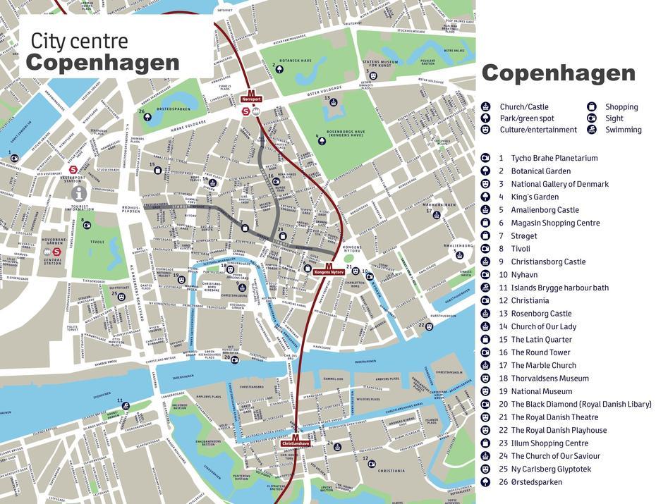 Copenhagen Sightseeing Map, Copenhagen, Denmark, Denmark  With Cities, Copenhagen Street