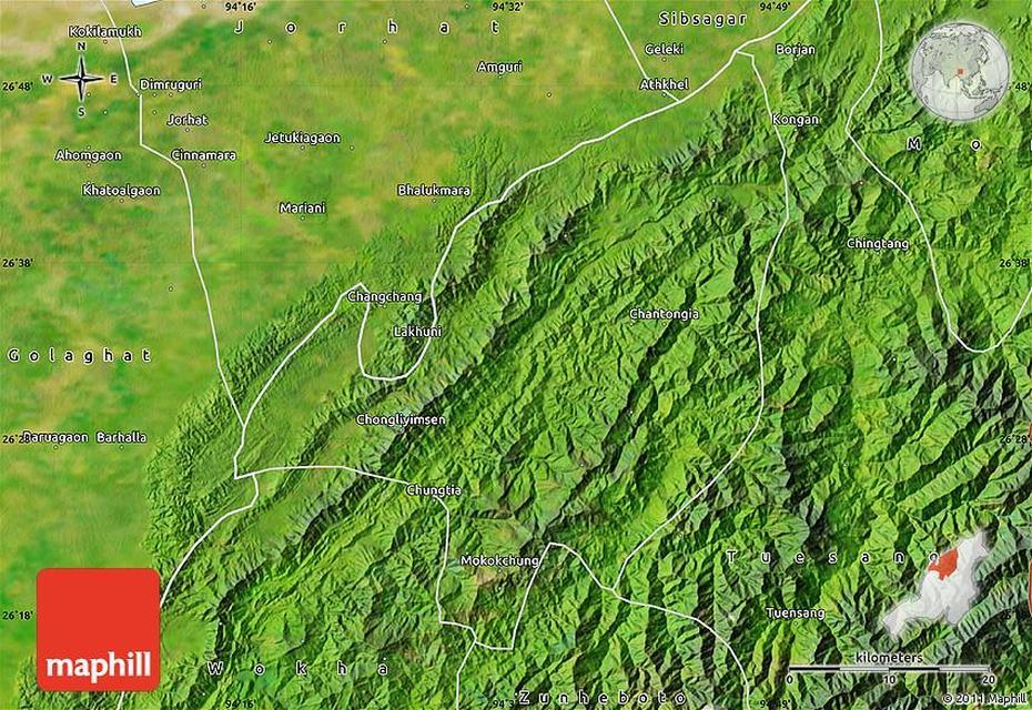 Satellite Map Of Mokokchung, Mokokchūng, India, Mokokchūng, India