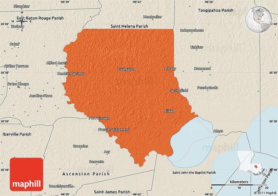 Political Map Of Livingston Parish, Shaded Relief Outside, Livingston, United States, 50 United States, United States America  Usa